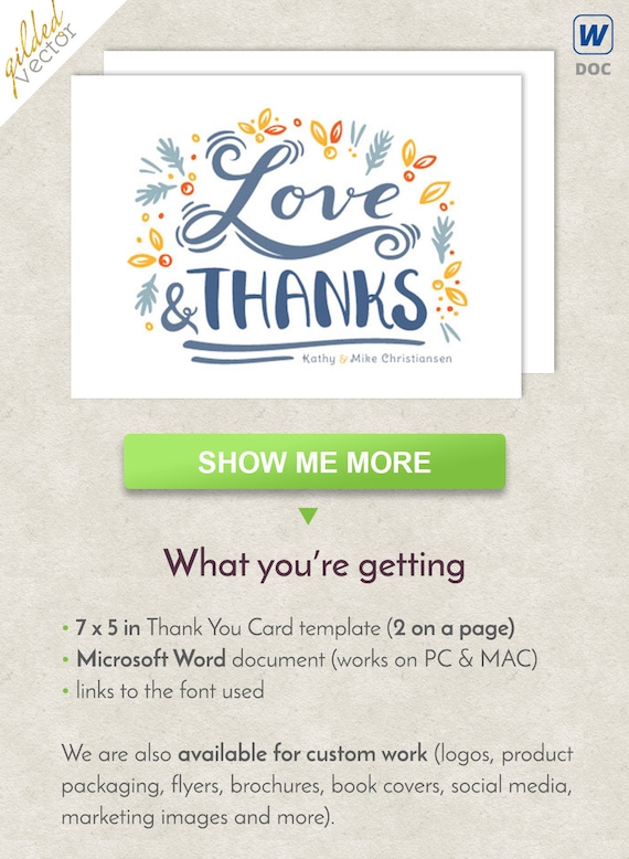 diy thank you card flowers frame nature card word template custom printable card easy editable word template document digital file