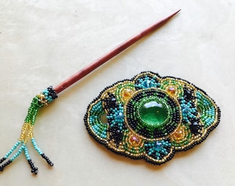 Handmade Guatemalan Beaded Hair Accessory Barrette Clip w/ Wooden Stick Gift