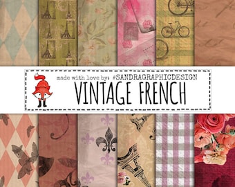 Vintage digital paper, French digital paper, Vintage scrapbook paper, vintage backgrounds (1110)