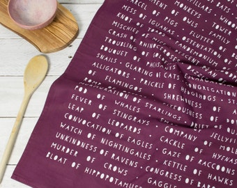 COLLECTIVE ANIMAL NOUNS Tea Towel Burgundy 100% Cotton Screen Printed English Grammar Kitchen Homeware Interesting Gift Her Cook Chef Fun