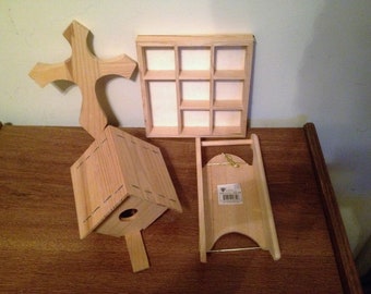 Wooden Crafts 4 Unfinished Unpainted Natural Wooden Cratfs for Arts, Crafts, Projects, Supplies, Birdhouse, Cross, Storage Box, Sleigh
