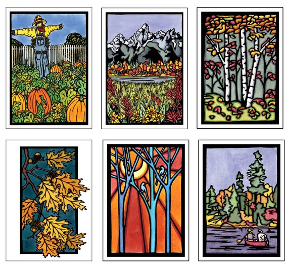 Autumn Color Collection - 6 Blank Greeting Cards - Pumpkin Patch, Tetons, Autumn Woods, Oak Leaves, Birds, Canoe