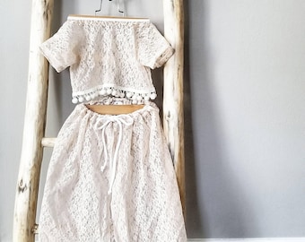 Flowy front slit lace skirt & cropped top/ skirt /cover up/bathing suit/ baby swim suit/ crop top/ pom pom/lace outfit/ maxi skirt/beachwear