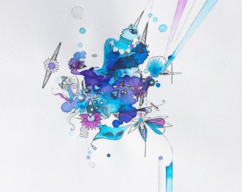 Abstract Mixed Media Drawing on Watercolor Paper