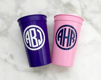 Monogrammed Cups, Bachelorette Party Cups, Bridesmaids Cups, Circle Monogram Cups, Personalized Stadium Cups