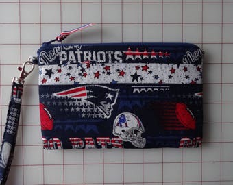 Zipper pouch, wristlet wallet pouch, New England Patriots gift for her, Patriots wallet pouch, gift under 25, wristlet removable strap