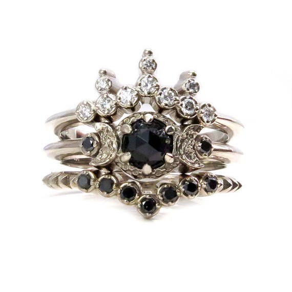Night Queen Engagement Ring Set - Gothic Boho Black and White Diamonds Stacking Ring Set