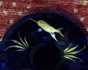 Vintage Cobalt Blue Dish Hummingbird Decorative 1950s