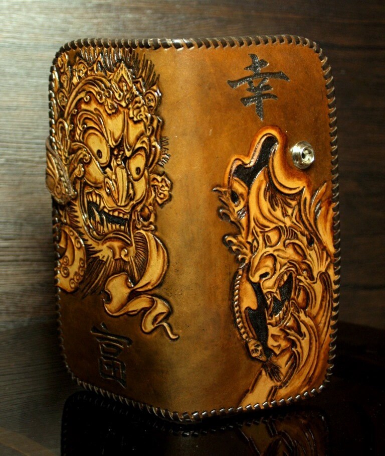 Hand-tooled leather biker wallet in Japanese style tooled