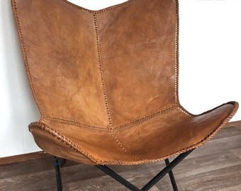 Leather butterfly hand made chair -RICH BROWN