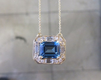 14K Gold Blue Topaz & Diamond Necklace 6J8021