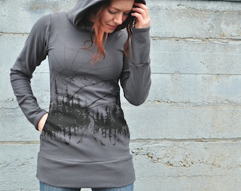 Mountain Print Hoodie, Dark Grey Hoodie, Scuba Hood Sweater, Long Fitted Hoodie, Bamboo Fleece