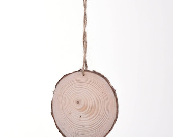 ONE Round Wooden Wood Tree Log Slice - 7-8cm with Drilled Hole & Jute Rope