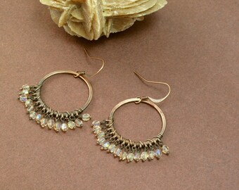 Copper earrings light rose faceted crystal handmade