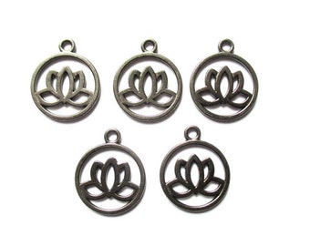 lot 5 lotus, black metal charms, 20mm