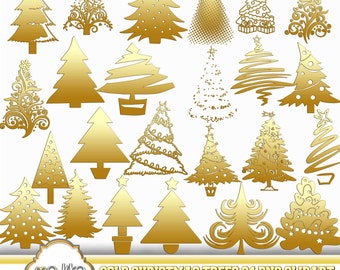 Digital Gold Christmas Trees Clip Art -INSTANT DOWNLOAD- 24 Individual Png Embellishments -Clipart for Personal or Commercial Use - 300 DPI