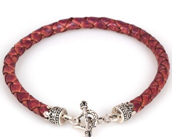 6mm Braided Leather Bracelet Sterling Silver 925 Toggle Handmade