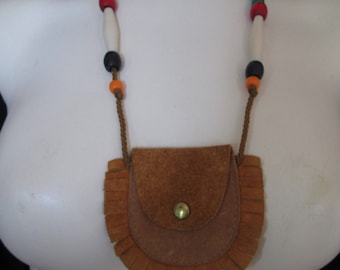 Handmade leather purse necklace on leather cord measures 3" x 3/12"