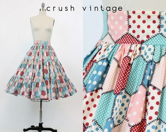 50s Skirt Novelty Print XS / 1950s Skirt Cotton Full / Patchwork Polka Dot Skirt