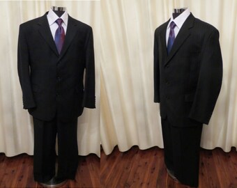 Vintage Mens' Stafford Ellison Wool Blend Two Piece Black Pinstripe Formal Suit Large Size Made in Australia