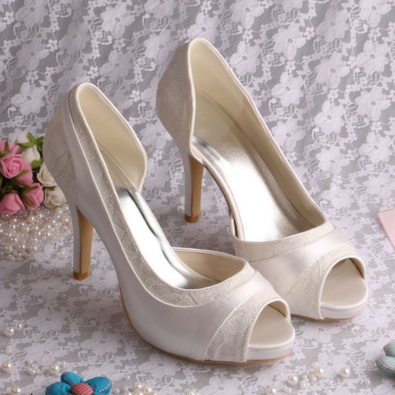 Avorio raso e pizzo peep toe tacchi alti 55 avanti Avorio raso e pizzo peep toe tacchi alti 55 avanti