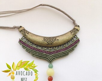 Macrame Handmade Boho Necklace, Gypsy Tribal Hippie Necklace, Festival Necklace, Big Necklace, Wedding Necklace, Goa, Gemstone Necklace