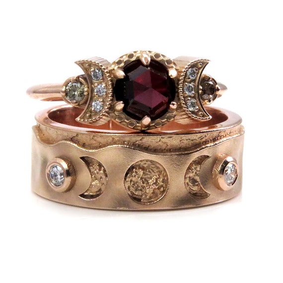 His And Hers Moon Phase Wedding Ring Set - 14k Rose Gold, Garnets with White and Champagne Diamonds