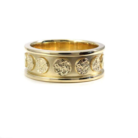 Mens Yellow Gold Moon Wedding Band - Modern Celestial 8mm Wide Engagement Ring