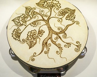 Henna tambourine, Gypsy drum, Henna mandala, Henna tattoo, Henna drum, Tree of life art, Chocolate brown, Mehndi, Instrument, Tree of life