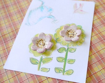 Set of 2 Flower Buttons in Porcelain Ceramic Clay, Painted Pale Pastel Pink Brown and Yellow