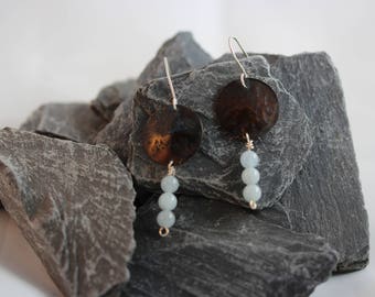 Copper Earrings with Patina and 3 blue glass beads (082017-024)