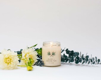 Aloe + Green Tea Soy Candle Jar - 9 oz - all natural, eco-friendly 100% soy wax candle