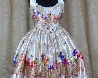 Lolita Fashion low back satin jumperskirt with exclusive print designed in house "Golden honey bees" Made to order in sizes UK 6-16