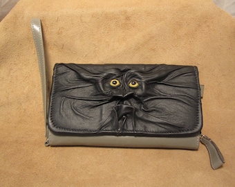Grichels leather ladies wallet/clutch purse - black with yellow fish eyes