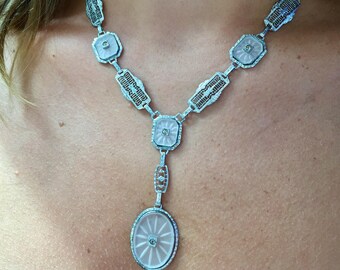Antique Rhodium & Camphor Glass Necklace with Pendant