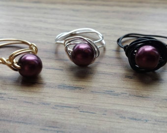 Wine Pearl wire wrapped ring