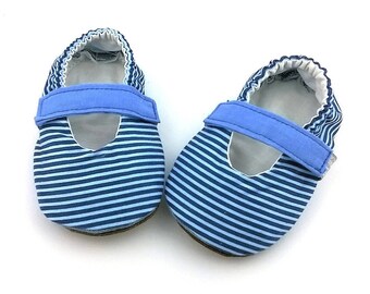 Mary Janes with soft suede fabric sole 100% Vegan Blue striped cotton Newborn girl shoes Stay on shoes-Baby girl slippers-Toddler shoes