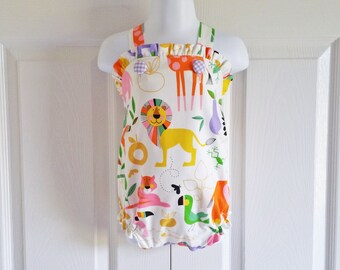 Girls "Jill" Bubble Romper Sunsuit in ZOO bright retro look fabric - animals rainbow pink lavender green orange - sizes 3 mos to 3T