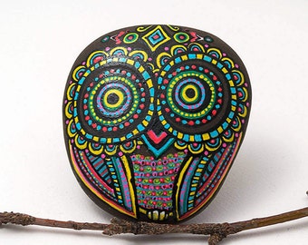 Owl Stone | Owl Decor | Owl Art | Owl Gift | Hand Painted Owl in Blue, Pink and Yellow | Painted Stone Owl | Owl Rock Art | Painted Owl Rock