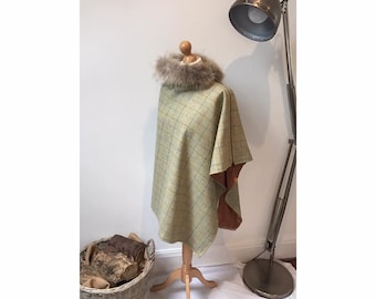 Green Tweed wrap/cape with fur