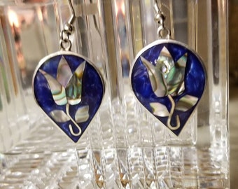 Vintage Alpaca Pierced Earrings Blue with Abalone Inlay