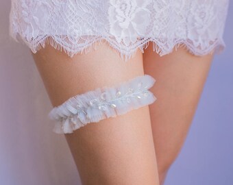 Something Blue Wedding Garter - tulle with rhinestones, glass beads and pearls