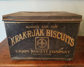 Vintage Large Fine Black Primitive Krak-R-Jak Biscuits Tin Cannister Box