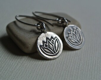 Silver lotus earrings, dangle, lotus flower, fine silver, hill tribe eattings, yoga earrings, yoga jewelry gift