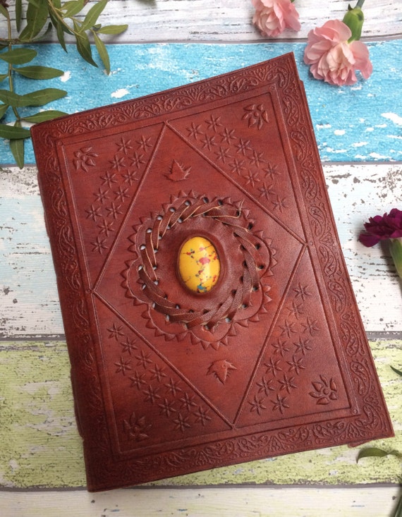 LEATHER CRYSTAL JOURNAL- M - Medium Embossed Journal- Leather Notebook- Diary - Crystal Journal- Scrapbook- Handmade Diary- Travel log