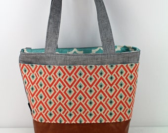 Lulu Large Tote Diaper Bag On Point Coral with Grey Denim and PU Leather - READY to SHIP Exterior pockets Nappy Bag