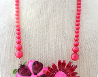 Daisy Necklace, Moonstone Necklace, Collage Necklace, Flower Necklace,Statement Necklace,Upcycled Necklace,Upcycled Jewelry,Recycled Jewelry