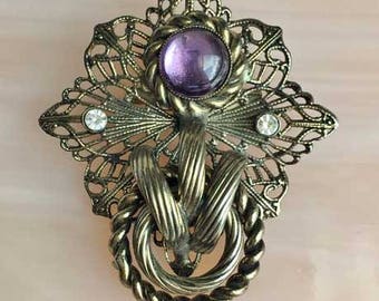 Amazing, Ornate, Amethyst Crystal on Antiqued Brass Filigree Brooch