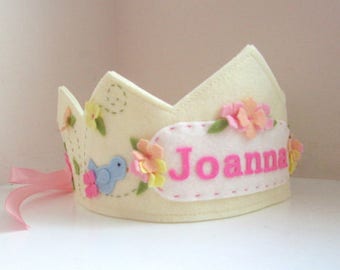 Felt Crown with Bird, Birthday Crown, Personalized Crown, First Birthday, Photo Prop, Smash Cake