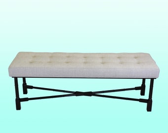 Black Lacquered & Chenille Bench - Mid Century Bench - Linen Bench